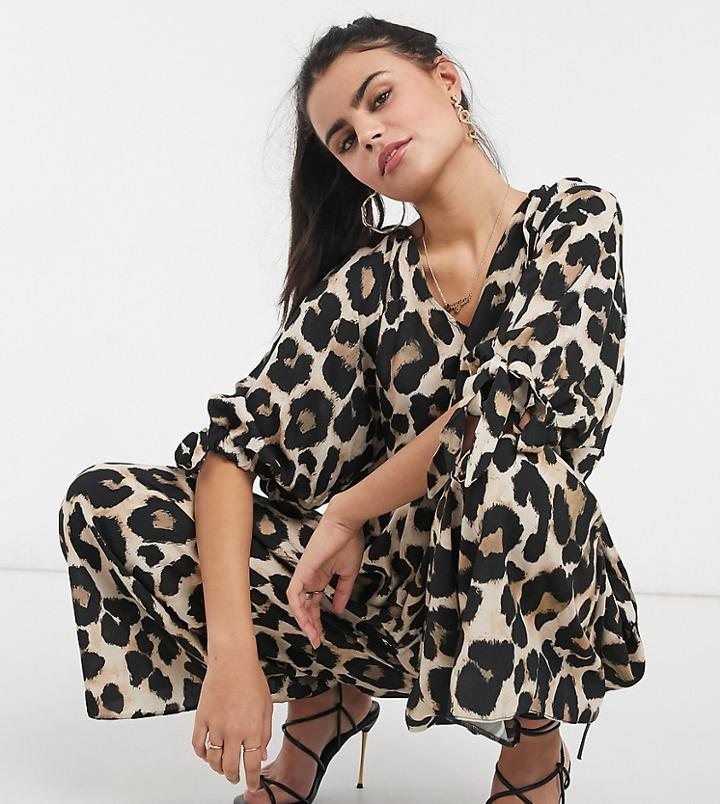Asos Design Petite Smock Jumpsuit With Tie Sleeve Detail In Leopard Print-multi