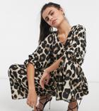 Asos Design Petite Smock Jumpsuit With Tie Sleeve Detail In Leopard Print-multi