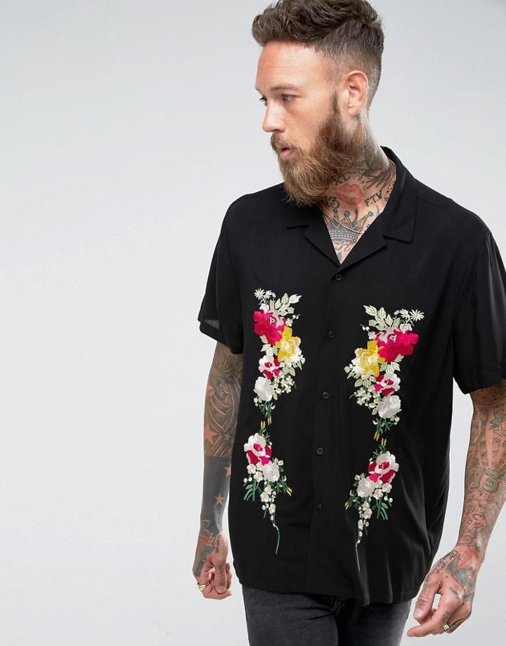 Asos Regular Fit Viscose Shirt With Floral Embroidery - Black