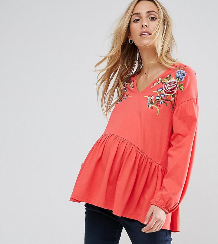 Asos Maternity Embroidered Ruffle Hem Top - Red