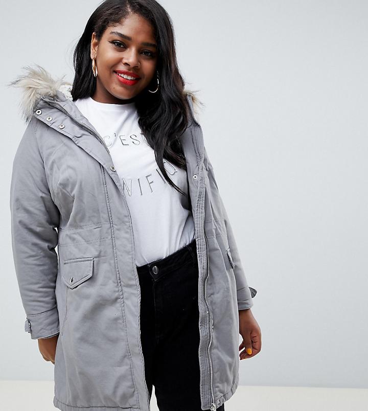 New Look Curve Parka Coat - Gray