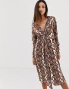 Asos Design Relaxed Long Sleeve Midi Dress With Knot Front In Snake Print - Multi