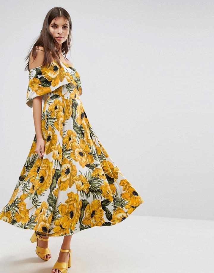 Asos Golden Floral Bardot Midi Dress - Multi