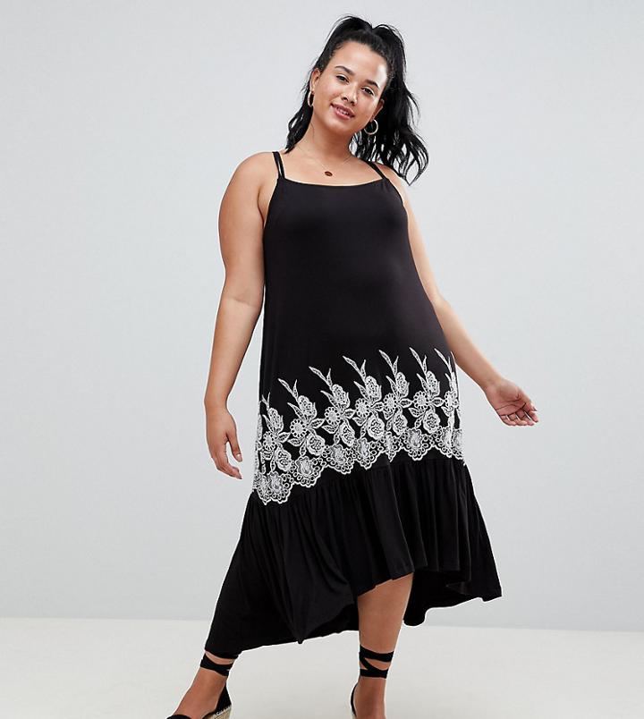 Asos Design Curve Embroidered Drop Hem Midi Sundress - Black