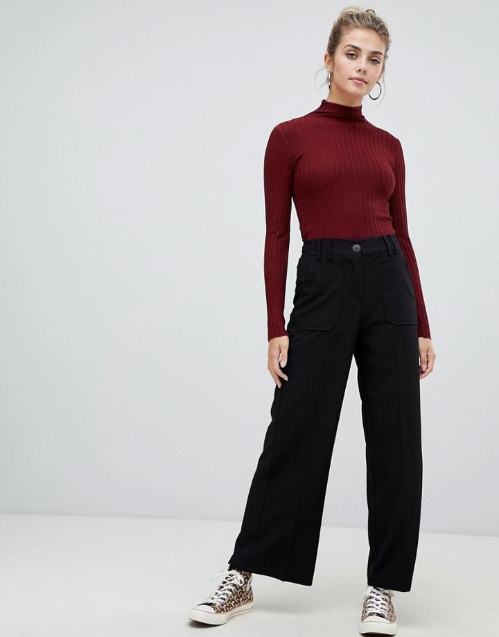 Bershka High Waisted Pocket Front Wide Leg Pants - Black