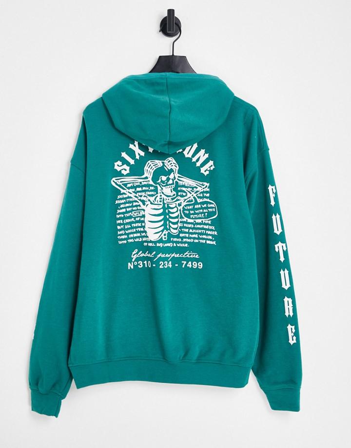 Sixth June Oversized Hoodie In Teal Green With Skeleton Placement Print