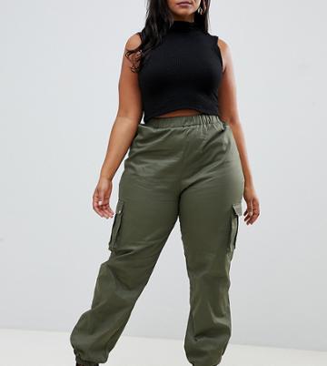 Prettylittlething Plus Pocket Detail Cargo Trousers In Khaki - Green