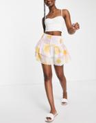 Asos Design Tiered Button Front Mini Skirt With Scalloped Hem In Washed Floral-multi