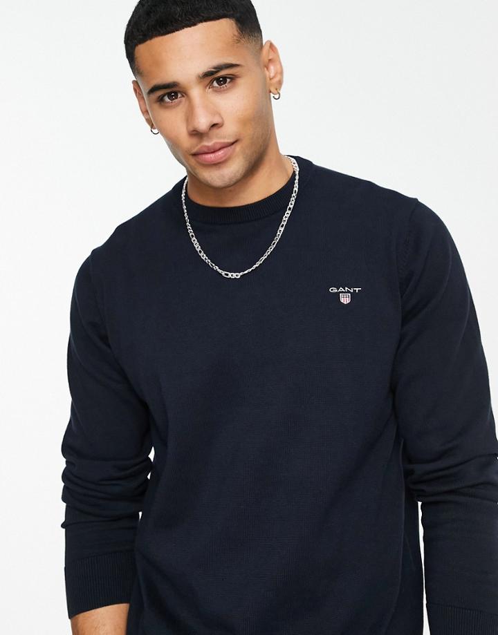 Gant Crew Knit Sweater With Small Logo In Navy