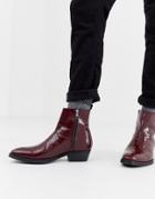 Asos Design Stacked Heel Western Chelsea Boots In Burgundy Leather - Red