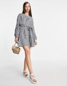 Urban Threads Tie Waist Shirt Dress In Blue Gingham-multi