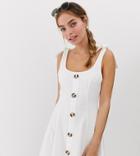 Asos Design Petite Mini Button Through Slub Sundress With Tie Shoulders-white