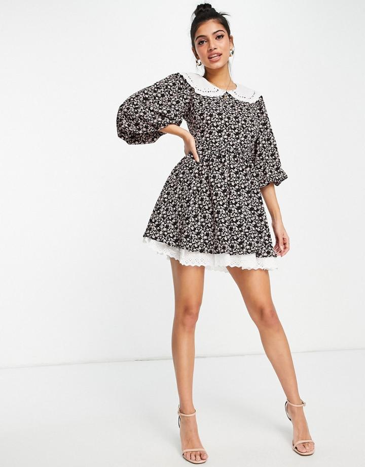 In The Style X Lorna Luxe Exaggerated Collar Balloon Sleeve Mini Skater Dress In Black Floral