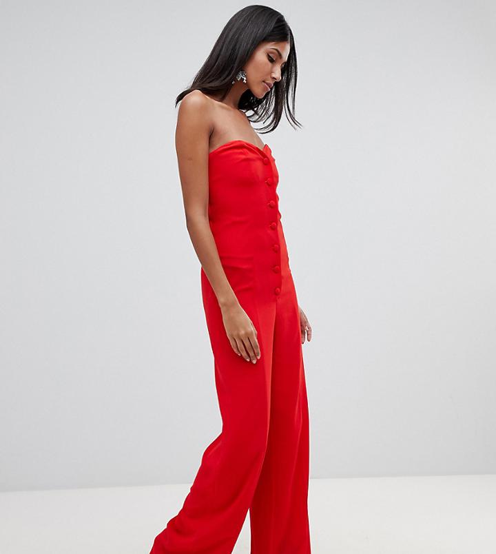 Asos Design Tall Bandeau Sweetheart Jumpsuit With Button & Buckle Detail-red
