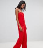 Asos Design Tall Bandeau Sweetheart Jumpsuit With Button & Buckle Detail-red