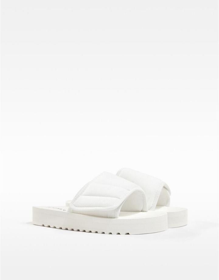 Bershka Quilted Velcro Slides In Ecru-neutral