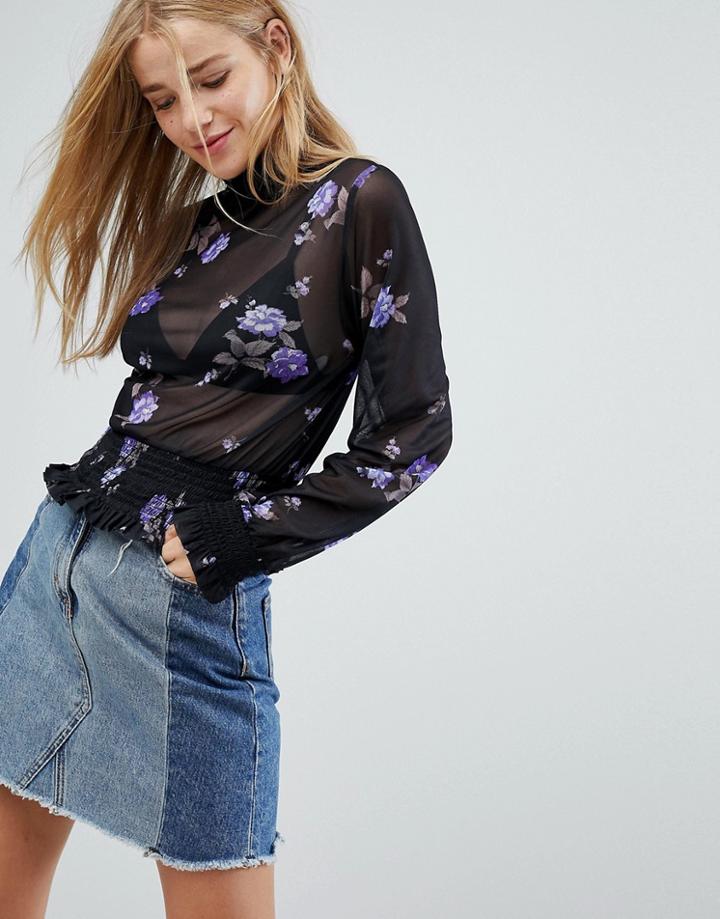 Nobody's Child High Neck Blouse In Sheer Floral - Black