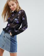 Nobody's Child High Neck Blouse In Sheer Floral - Black