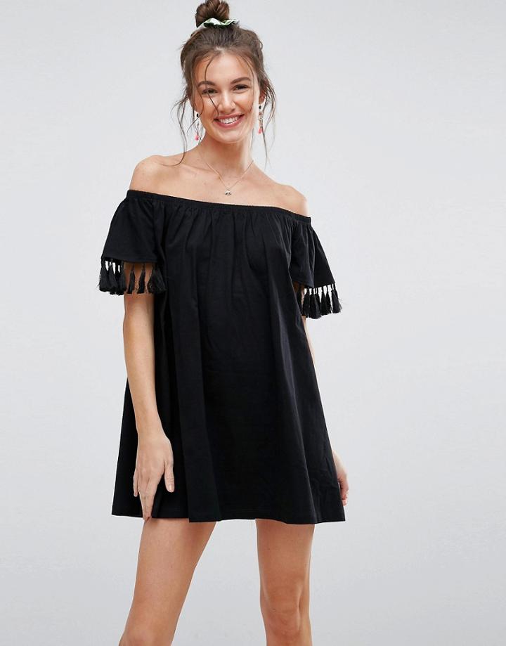 Asos Off Shoulder Sundress With Tassel Detail - Black