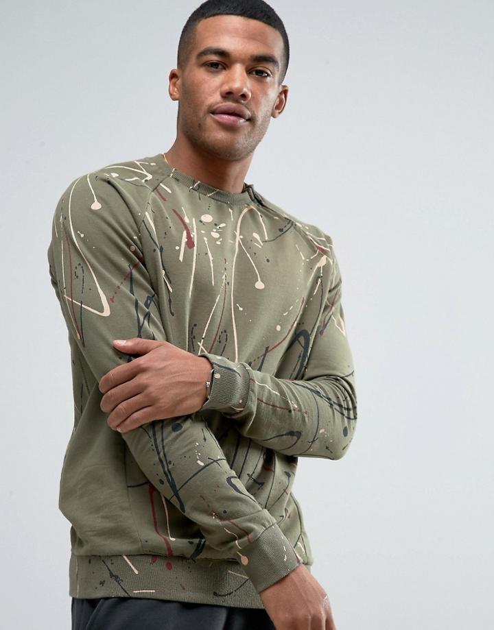 Religion Sweatshirt With Zip Shoulder And Paint Splat Detail - Green