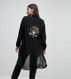 Koko Bird Embroidered Longline Shirt - Black