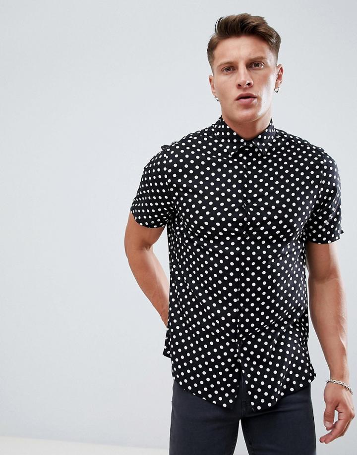 Asos Design Regular Fit Spot Shirt In Black - Black