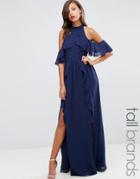 Tfnc Tall Wedding High Neck Maxi Dress With Frills - Navy