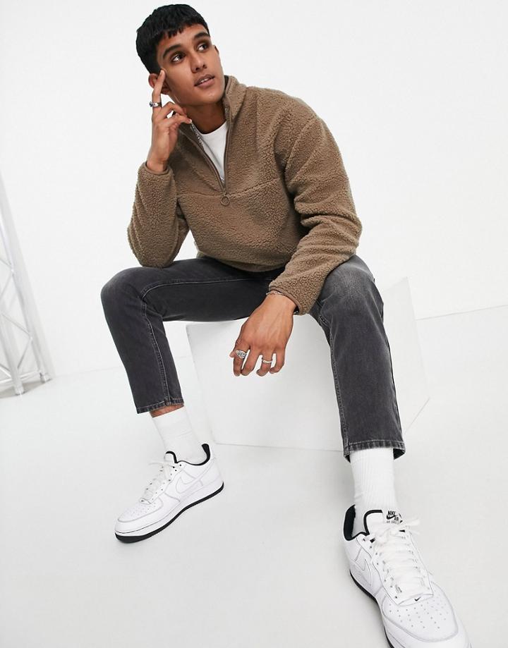 Asos Design Oversized Shearling Half Zip Sweatshirt In Camel-neutral