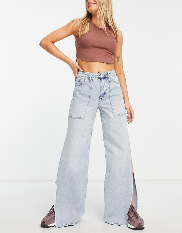 River Island High Rise Dad Jean With Thigh High Split In Light Blue