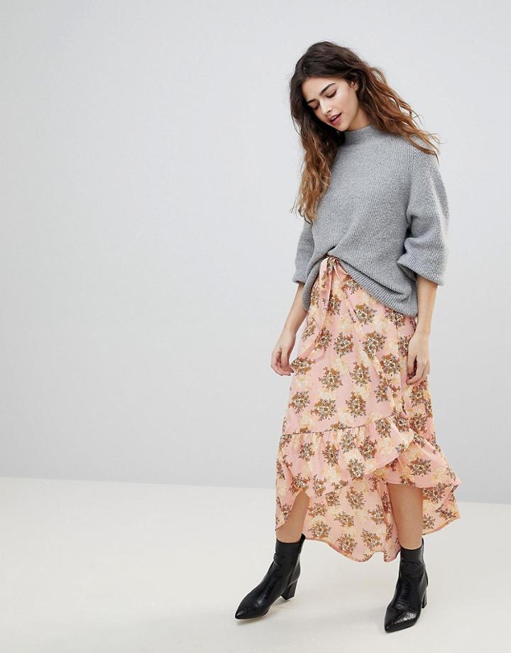Vero Moda Floral Asymetric Ruffle Skirt - Pink