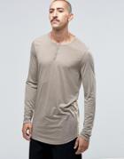 Asos Linen Mix Longline Long Sleeve T-shirt With Grandad Neck And Curve Hem - Beige