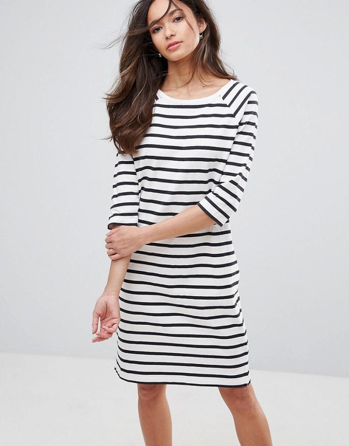 Selected Natali 3/4 Sleeve Striped Jersey Shift Dress - White