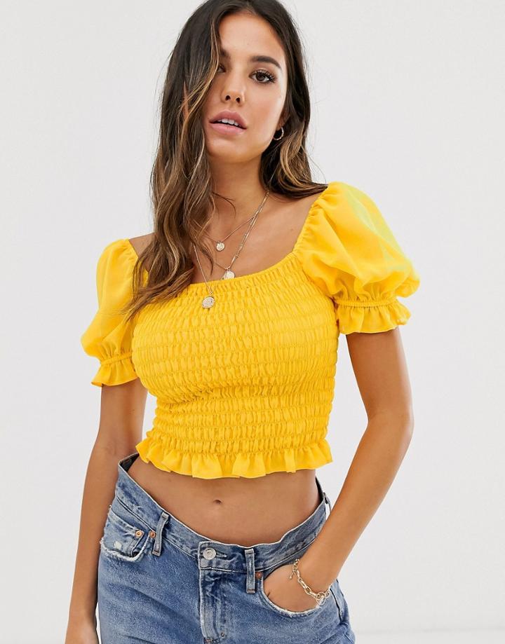 Asos Design Short Sleeve Shirred Top-yellow