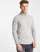 Asos Design Lambswool Half Zip Sweater In Light Gray-grey