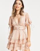 Asos Design Tiered Mini Dress With Puff Sleeve In Burnout Stripe-pink
