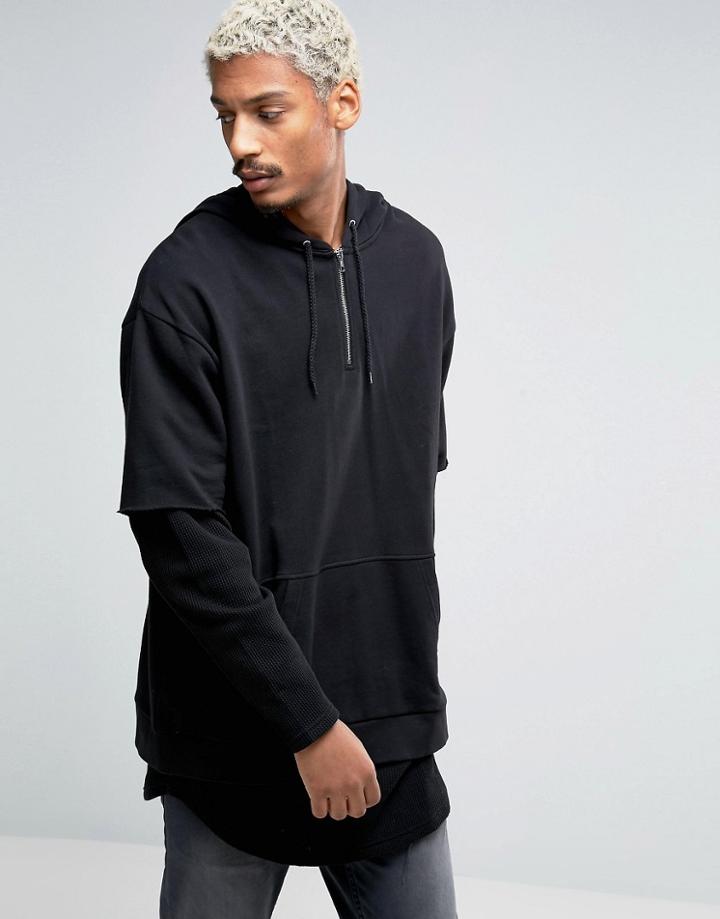 Asos Longline Oversized Hoodie With Double Layer Waffle Sleeves - Black