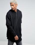 Asos Longline Oversized Hoodie With Double Layer Waffle Sleeves - Black