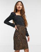 Closet London Square Neck Belted Pencil Midi Dress In Stripe Animal-black