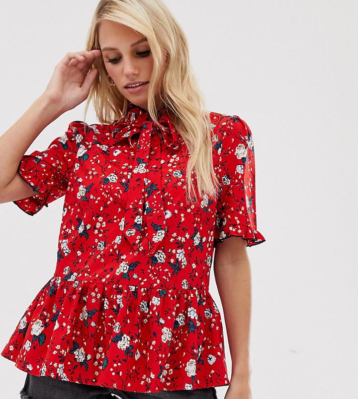 Vila Floral Tie Neck Top-red