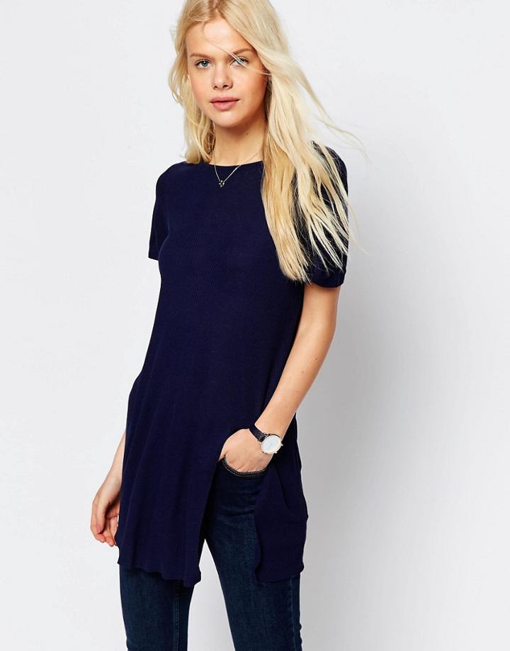 Asos Longline Top With Front Split - Navy