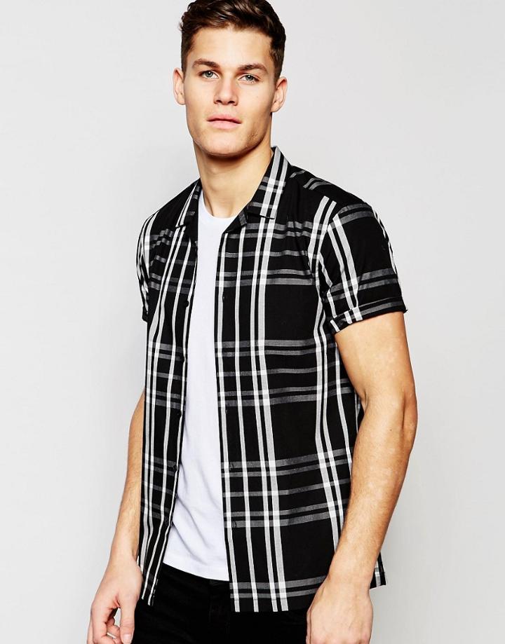 Asos Shirt In Monochrome Oversized Check With Revere Collar In Regular Fit - Gray