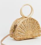 South Beach Exclusive Straw Half Moon Bag With Round Handle And Cross Body Strap - Beige