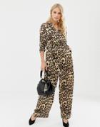 Liquorish Leopard Print Wide Leg Jumpsuit - Brown