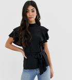 Asos Design Petite Belted High Neck Top With Ruffle Sleeves - Black