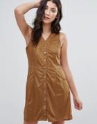 Qed London Button Through Faux Suede Dress - Brown