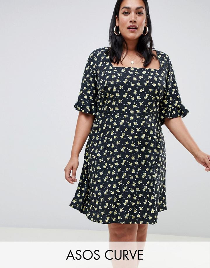 Asos Design Curve Square Neck Mini Skater Dress In Ditsy Floral - Multi