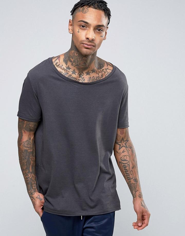 Asos Longline T-shirt In Washed Black With Stretch Neck - Black