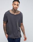 Asos Longline T-shirt In Washed Black With Stretch Neck - Black