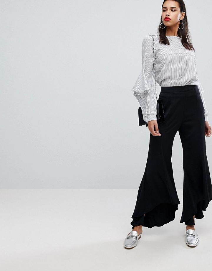 Neon Rose Pants With Asymmetric Flare Hems - Black