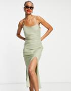 Asos Design Linen Cami Maxi Dress In Khaki-green